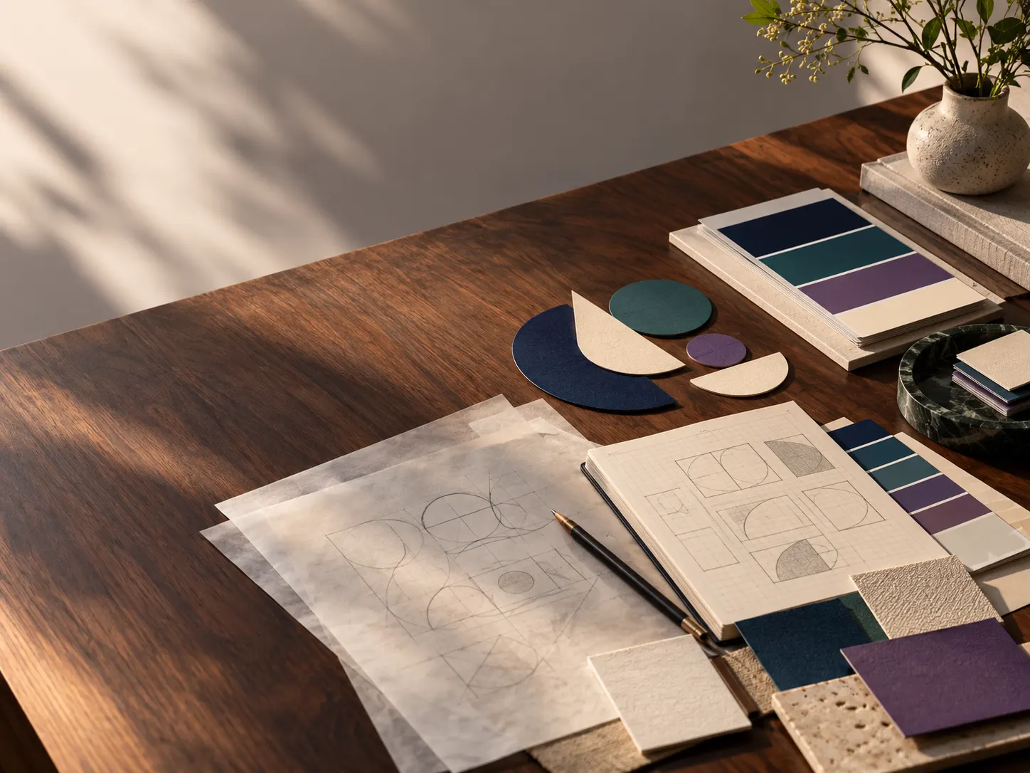 Unbranded color swatches, paper samples and brand-planning materials on a studio table