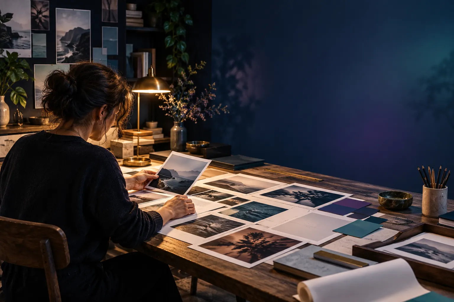 An editor arranging unbranded photographs and creative materials in a studio