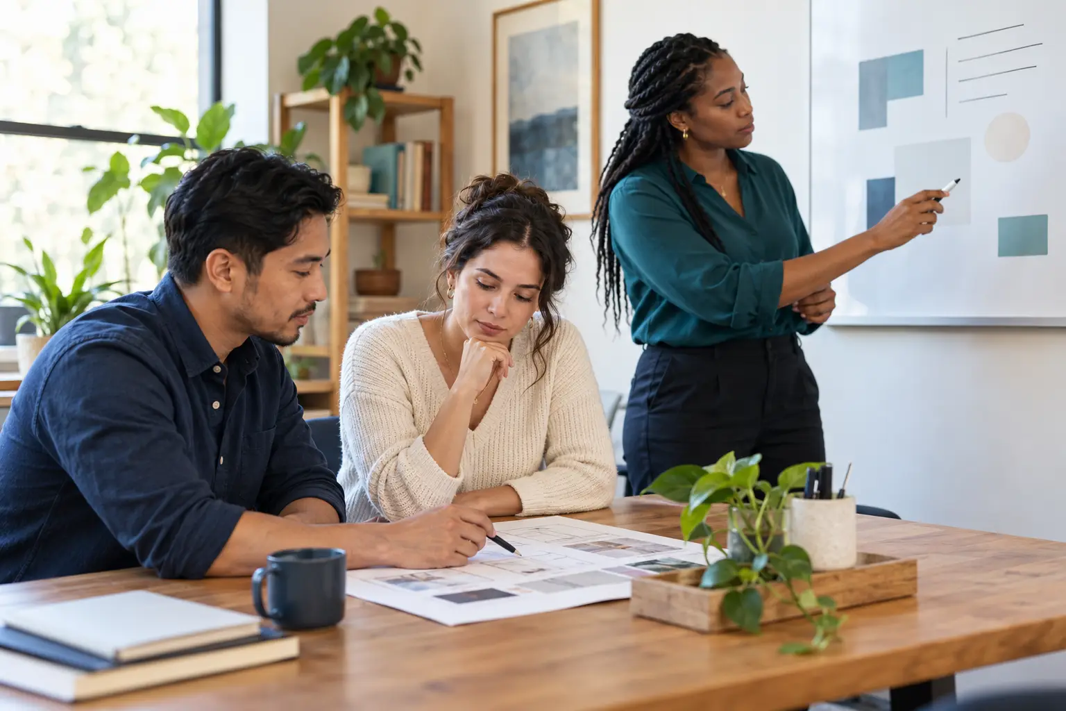 A small professional team planning together in a bright office
