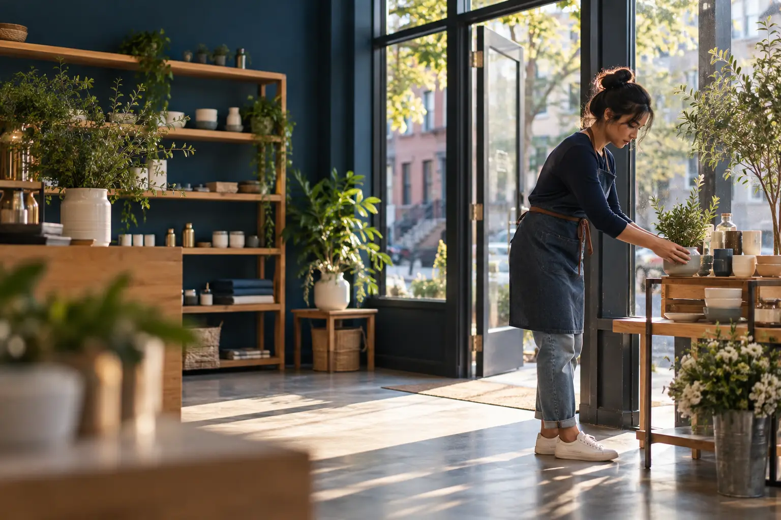 A local shop owner arranging a considered storefront display