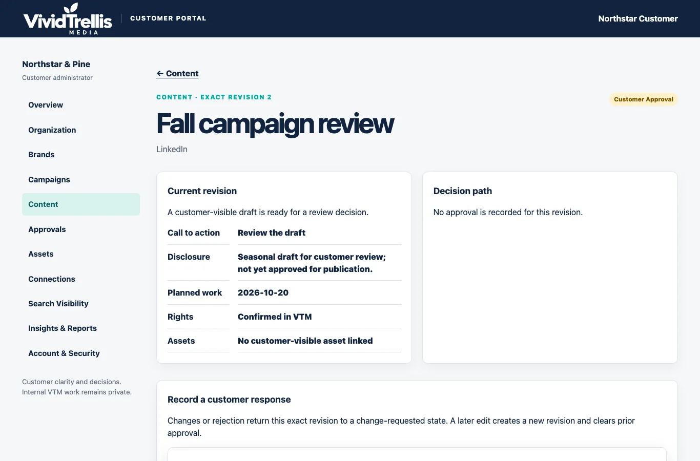 Synthetic VividTrellis customer approval workspace showing an exact content revision