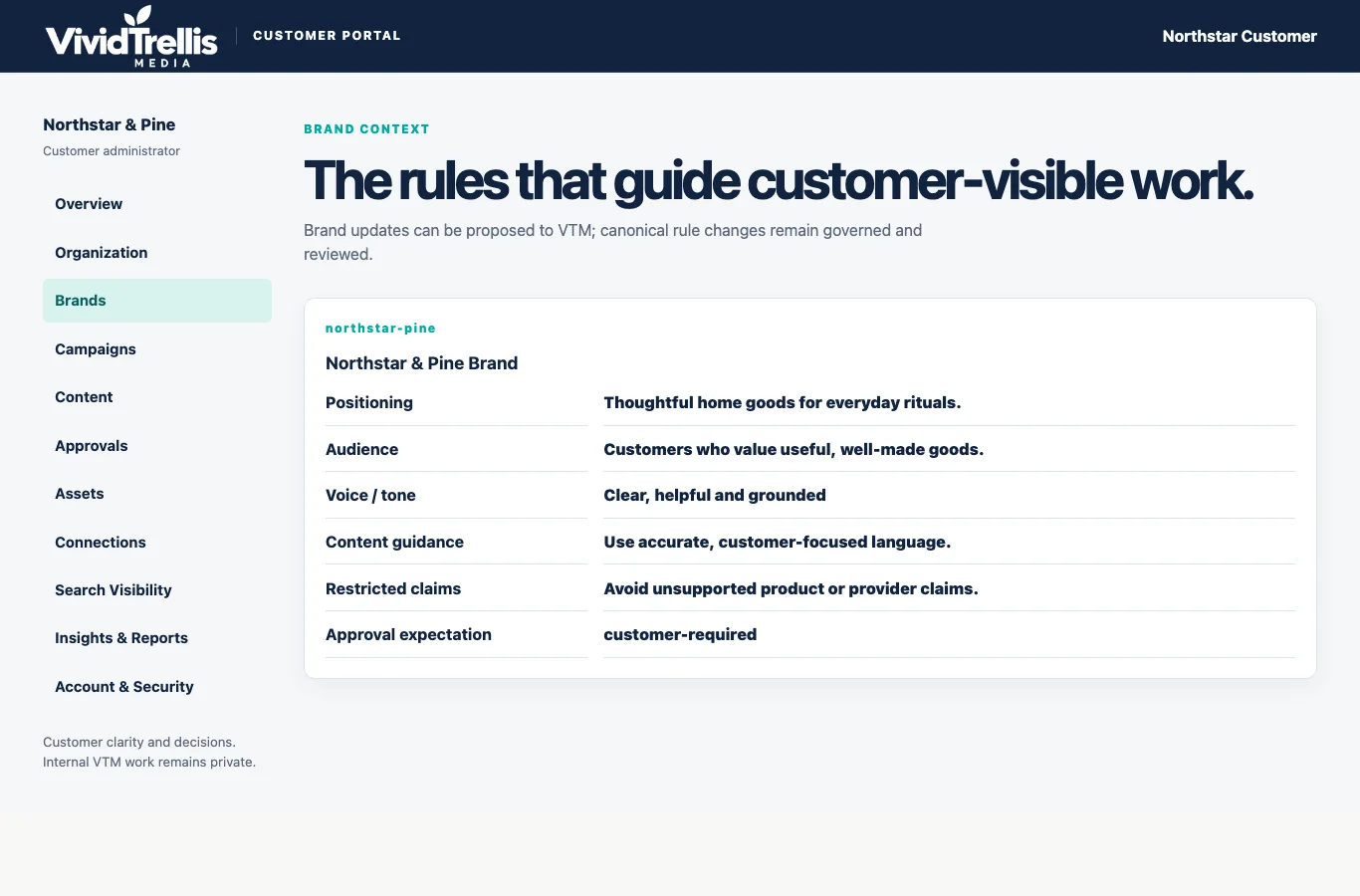 Synthetic VividTrellis customer brand workspace with voice, audience and guidance