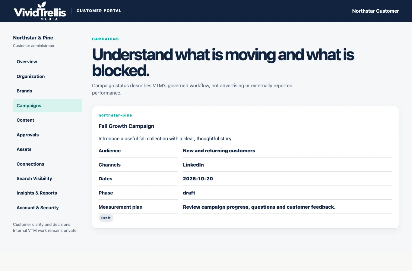 Synthetic VividTrellis customer campaign workspace with objective, timeline and review context