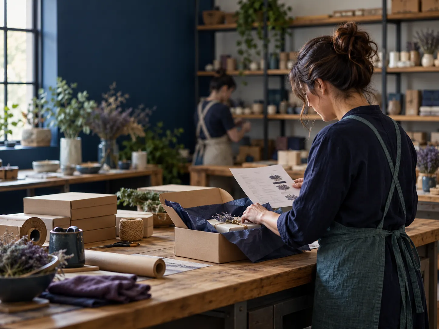 A small business owner preparing customer orders in a maker workspace