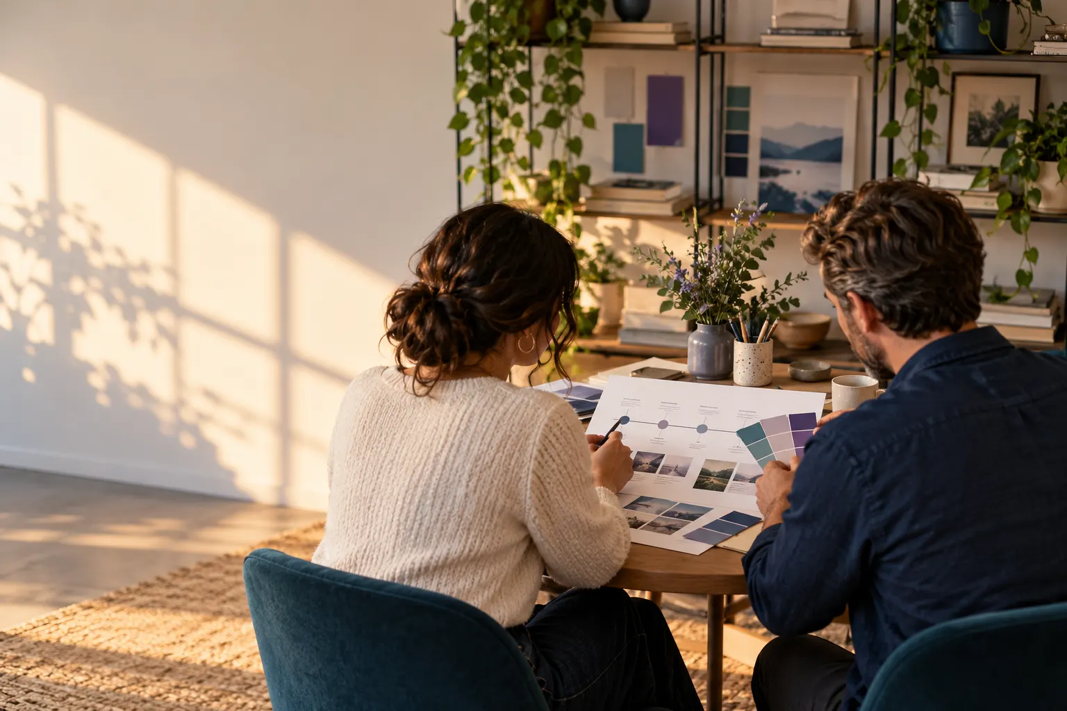 Two people reviewing an unbranded plan and color references together